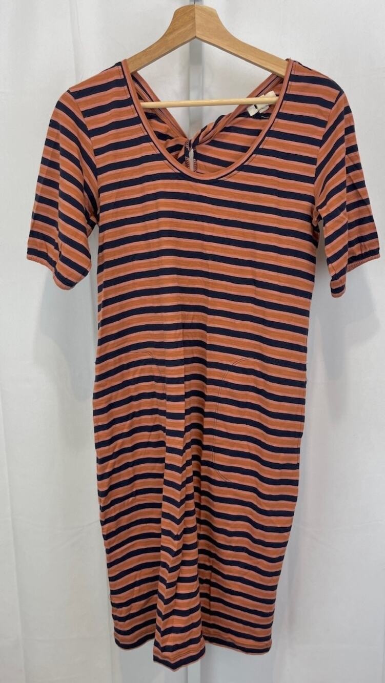 PACT Harvest Striped Avery Dress Short Sleeve Organic Cotton Coral Orange Blue S